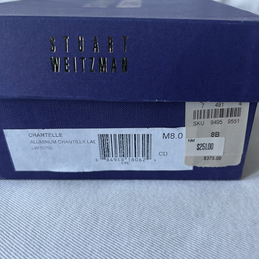 STUART WEITZMAN Silver Heels PEEPTOE PUMPS "CHANTELLE" SWISS LACE Size 8M - Picture 8 of 11